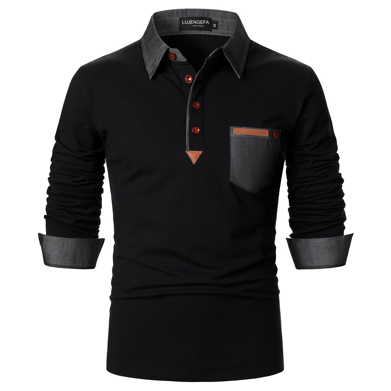LUJENGEFA Long Sleeve Polo Shirts for Men Stylish Patchwork Contrasting Color Golf Polos Cotton Polo Shirt Tops with Pocket
