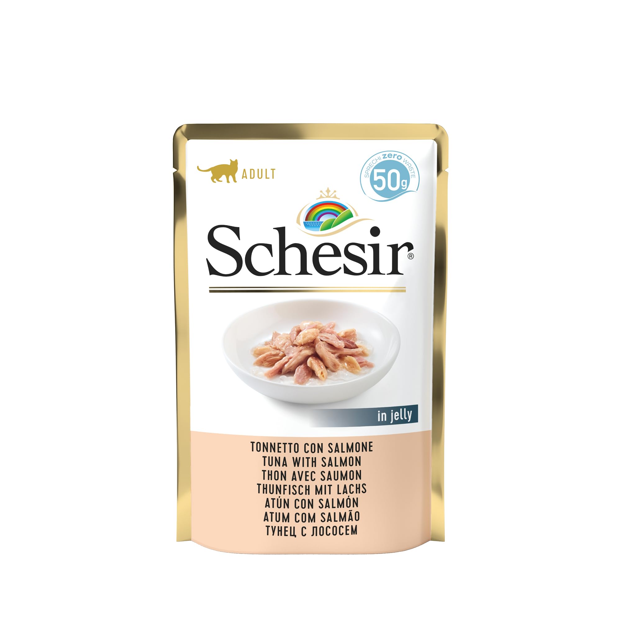 Schesir, Cibo Umido per Gatti Adulti Tonno Salmone, in Morbida Gelatina - (30 Buste da 50g)