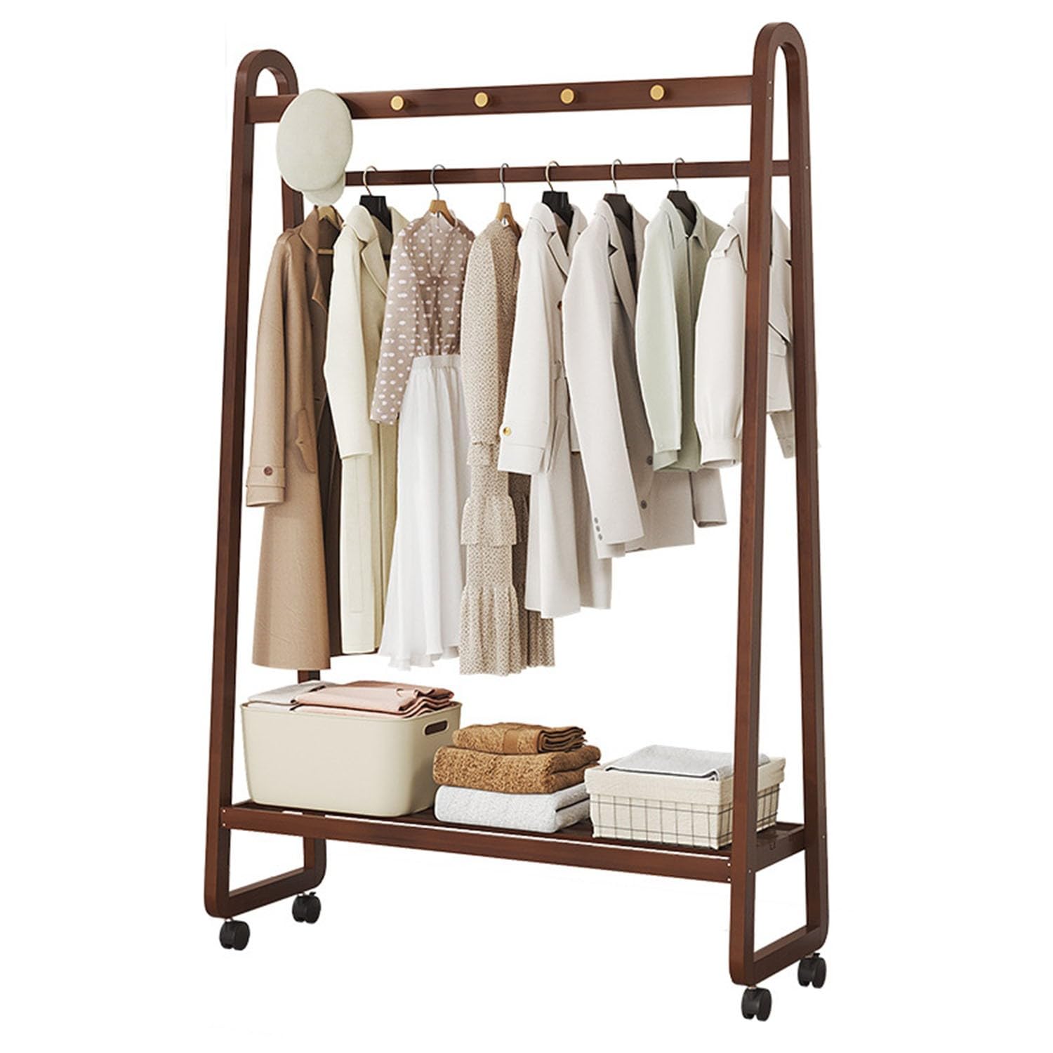 Bamboo Clothes Rail Stand, Freestanding Coat Garment Rack with Hanging Rod,Clothes Rack on Wheels with Hooks, Open Wardrobe Clothing Hanger Storage Organiser for Bedroom Hallway