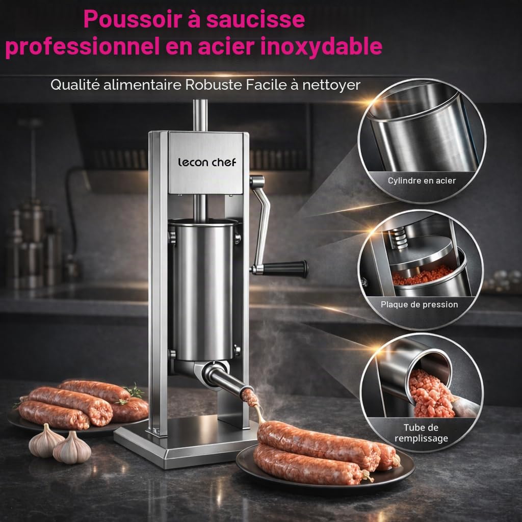 Poussoir à Saucisses Manuel 5 L, Machine à Saucisses en Acier Inoxydable SUS304, Embosseuse à 2 Vitesses avec 4 Tubes, Poussoir à Viande pour Cuisine