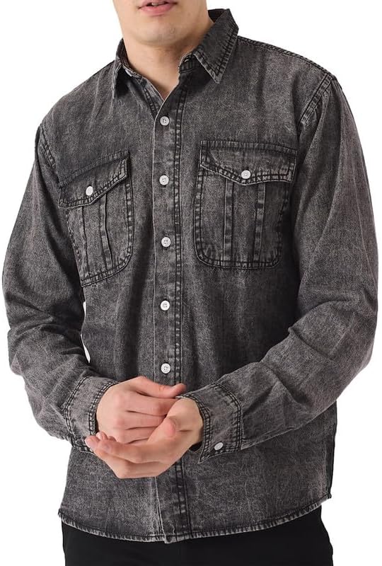 JMOJODenim Shirts for Men - Slim Fit Mens Shirts Long Sleeve Smart Casual - Western Button Down Shirts Mens with Chest Pockets - Formal Pointed Collar Shirts for Men Adult