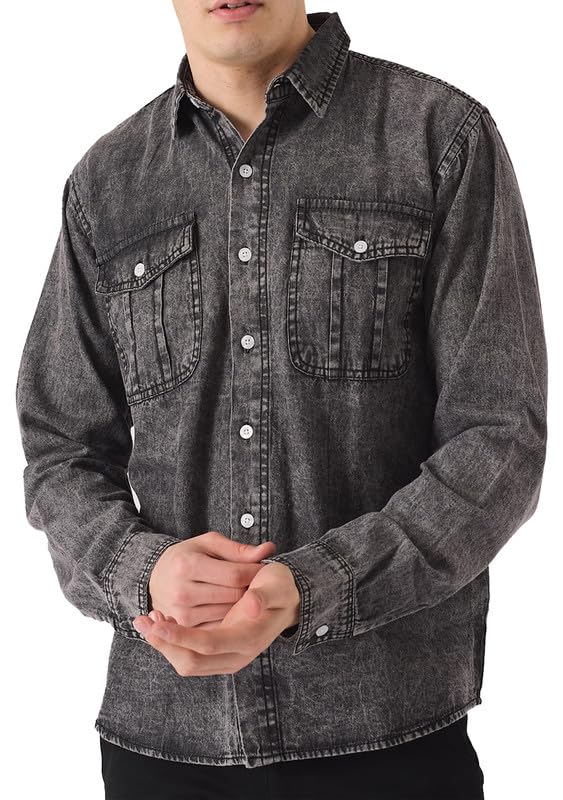 JMOJODenim Shirts for Men - Slim Fit Mens Shirts Long Sleeve Smart Casual - Western Button Down Shirts Mens with Chest Pockets - Formal Pointed Collar Shirts for Men Adult