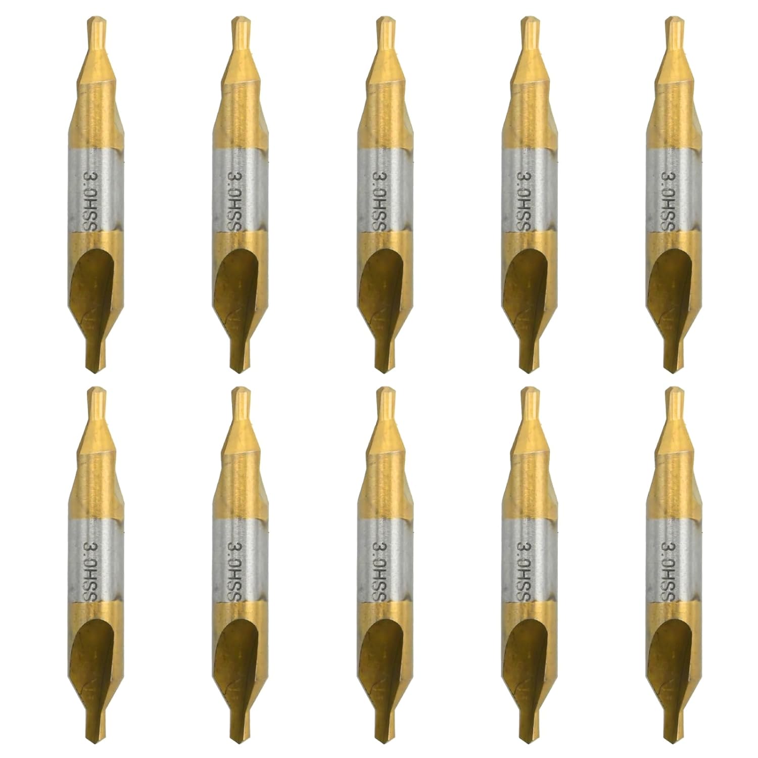 MDEOOSKY Set of 10 – 3.0mm Center Drill Bits M2 HSS Ti Coated, 60° Combined Drill/Countersink for Heavy-Duty Metalwork