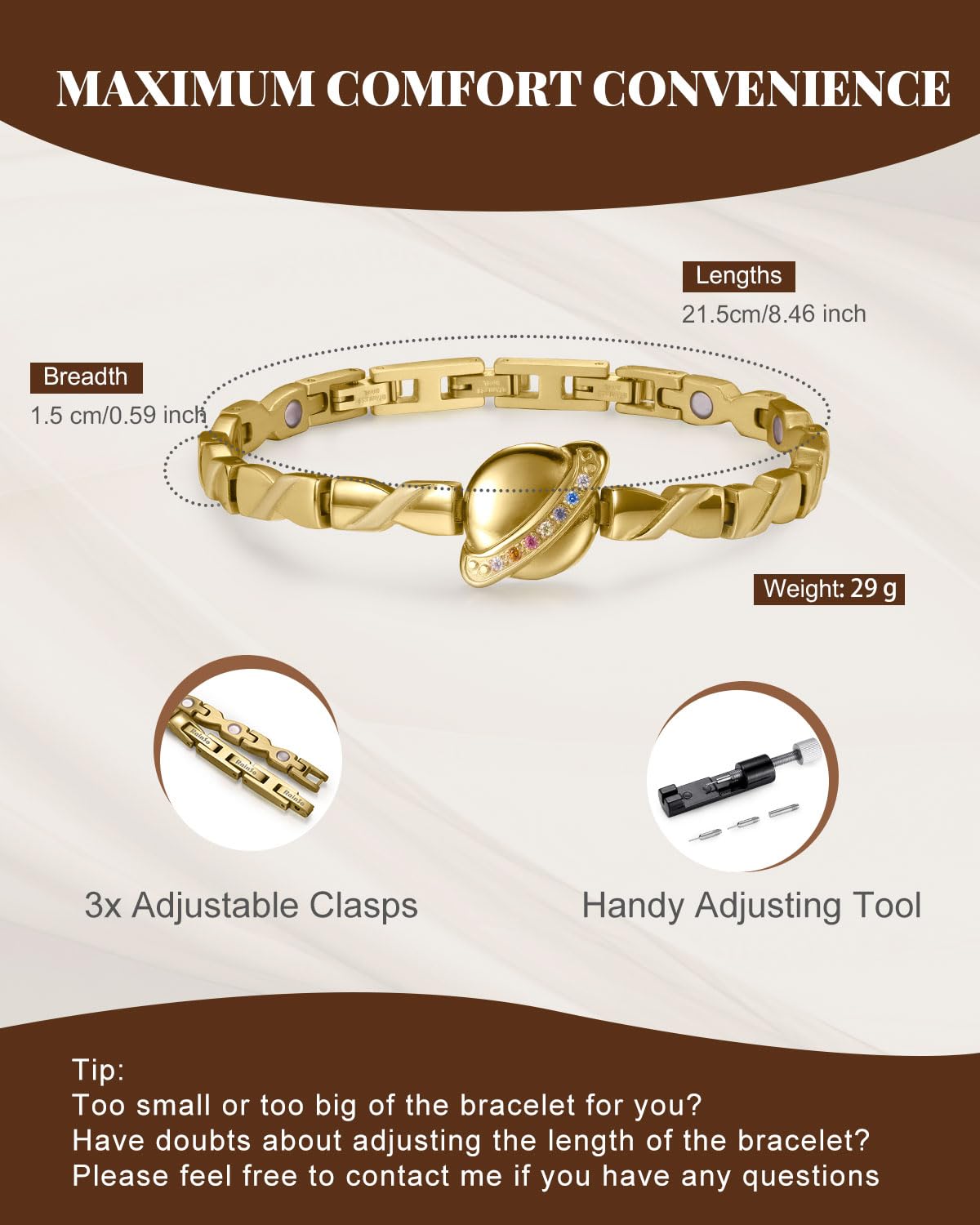 RainSo Stainless Steel Magnetic Bracelet for Women & Girls - Adjustable Planet Design Wristband with Tool | Gold, Rose Gold, Silver | Jewellery Gift Box Presentation