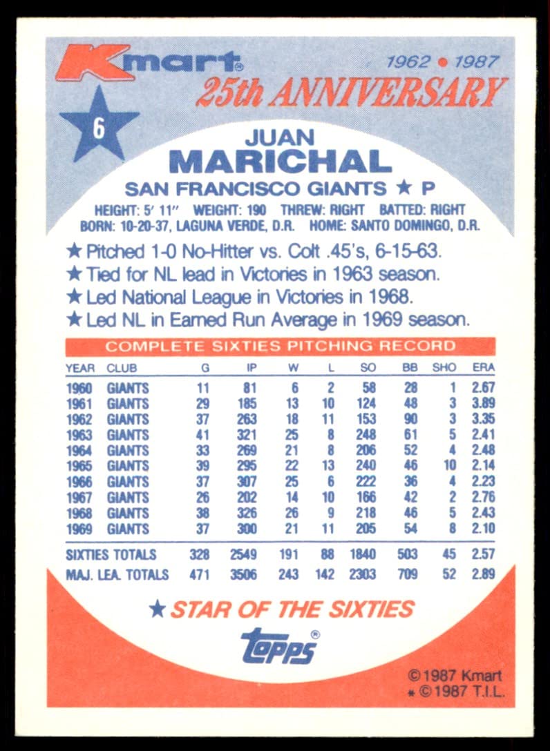 Amazon.com: 1987 Topps Kmart 25th Anniversary - [Base] #6 - Juan Marichal :  Collectibles & Fine Art