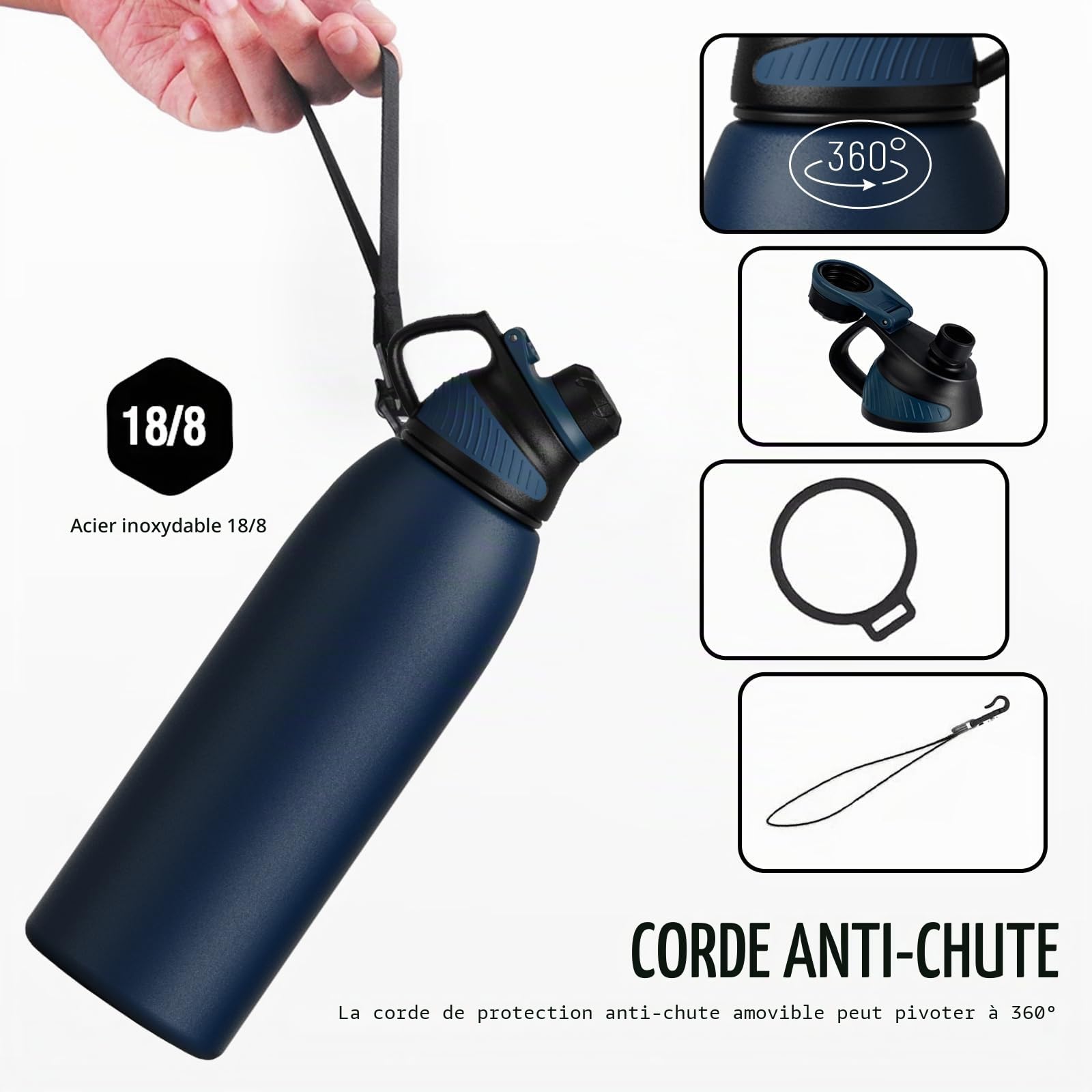 Fjbottle Gourde Isotherme avec Couvercle Magnétique - 400ml/600ml/800ml/1L/1.5L - Bouteille Isotherme Étanche sans BPA, Gourde Inox Bouche Standard, Gourde Enfant pour Sport, Gym, Voyage