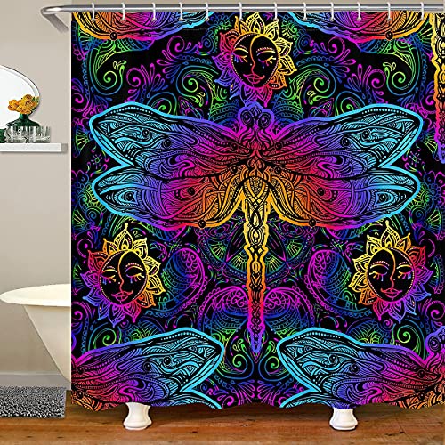 Colorful Dragonfly Bath Curtain Bohemian Shower Curtain 72"Wx72"L Mandala Floral Waterproof Shower Curtain for Boys Girls Youth,Boho Sun Bathroom Accessories Aztec Trippy Toilet Decor Teal P