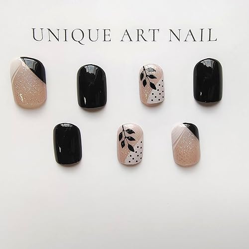 Miniatura 2 de Uñas cortas a presión con hojas, uñas postizas cuadradas con pegamento de resorte, uñas postizas negras brillantes con purpurina plateada, uñas