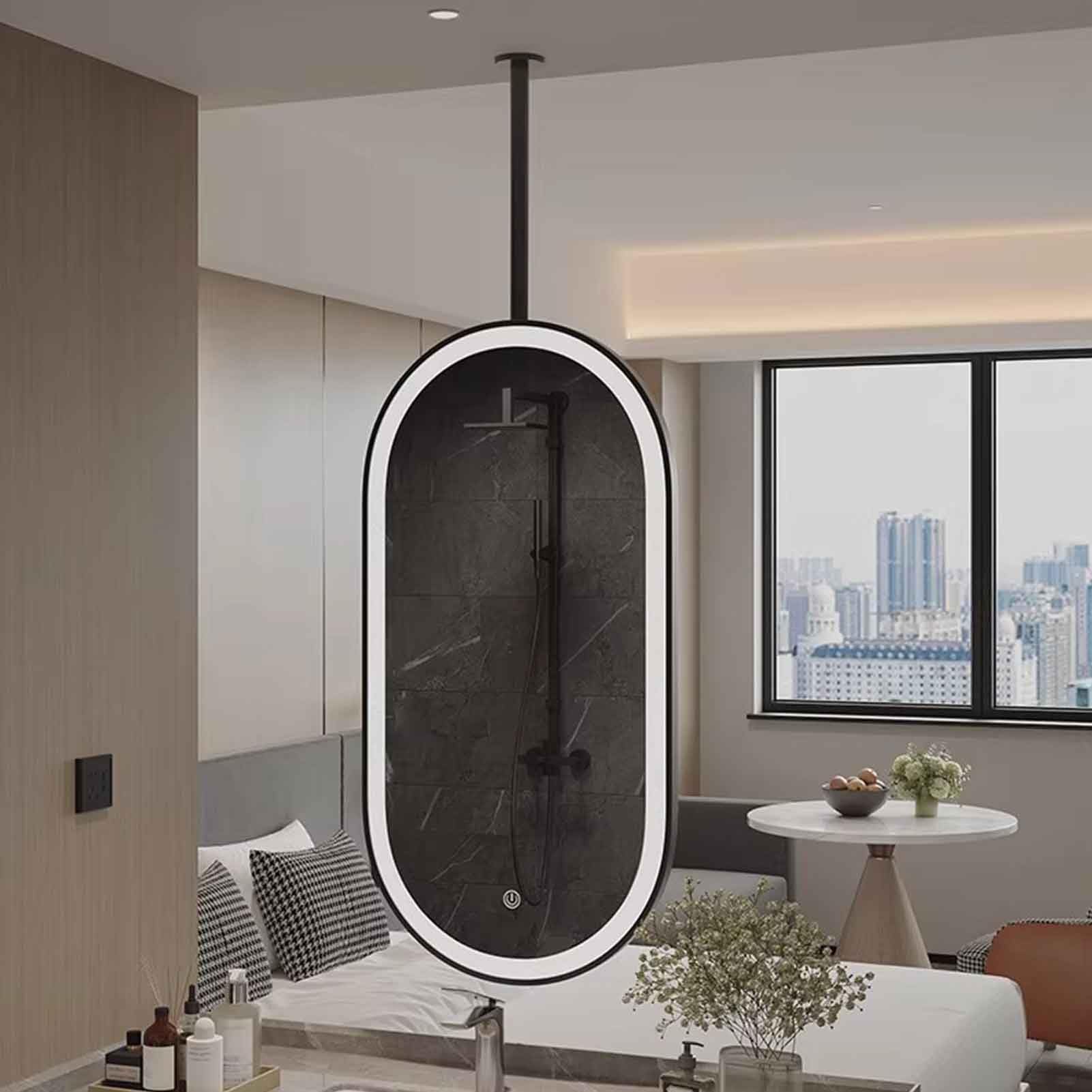 FGXHHS Oval LED Vanity Mirror for Bathroom, Ceiling Rod Floating Suspended Makeup Shaving Mirrors - 3 Color Temperature Dimmable Light(40cmx70cm)