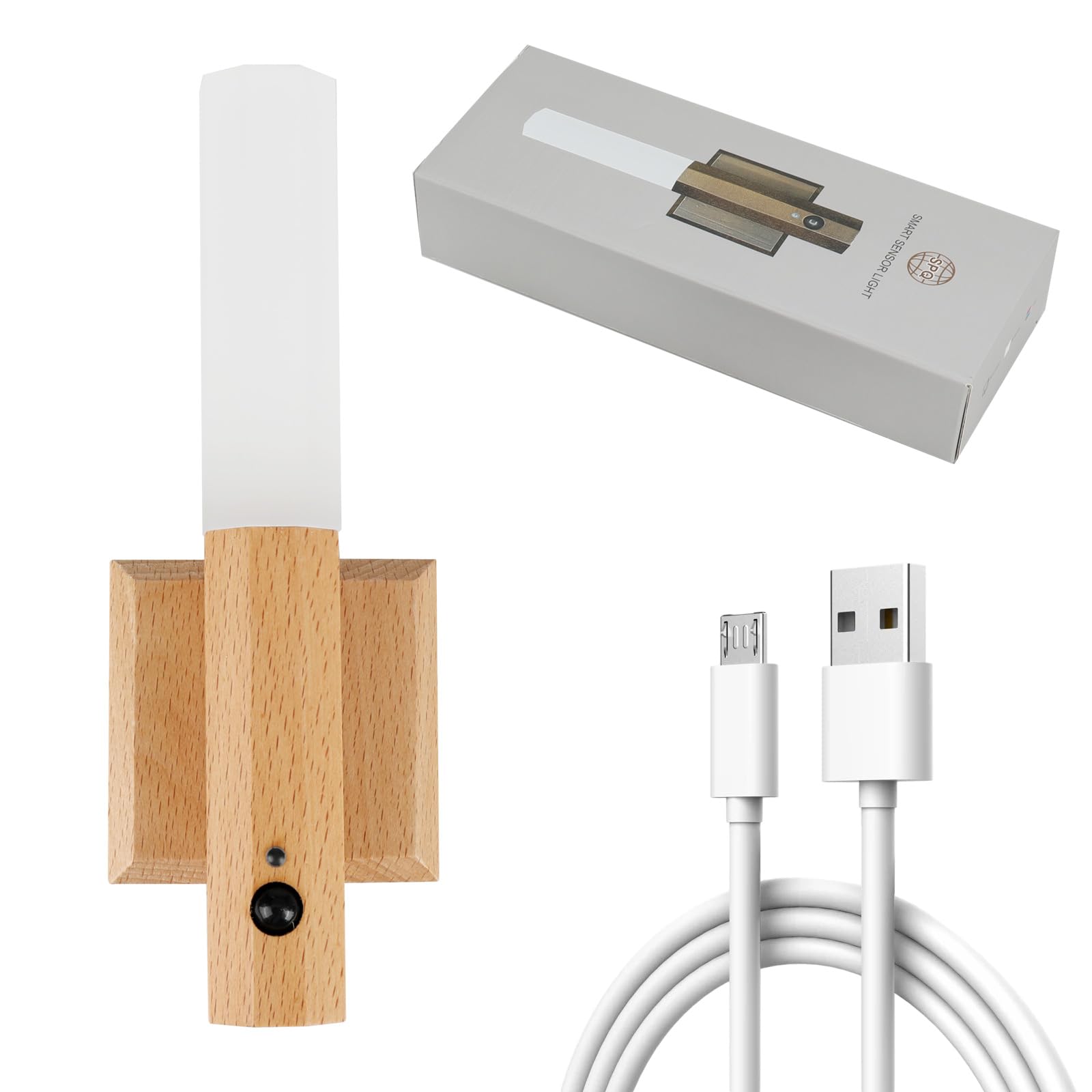 WingFly Magnetyczna lampa ścienna, bezprzewodowa lampka nocna z czujnikiem ruchu, ładowana lampka nocna, montowana na ścianie, drewniana latarka, do sypialni, korytarza, schodów, pokoju dziecięcego (białe drewno jesionowe, 2 szt.)