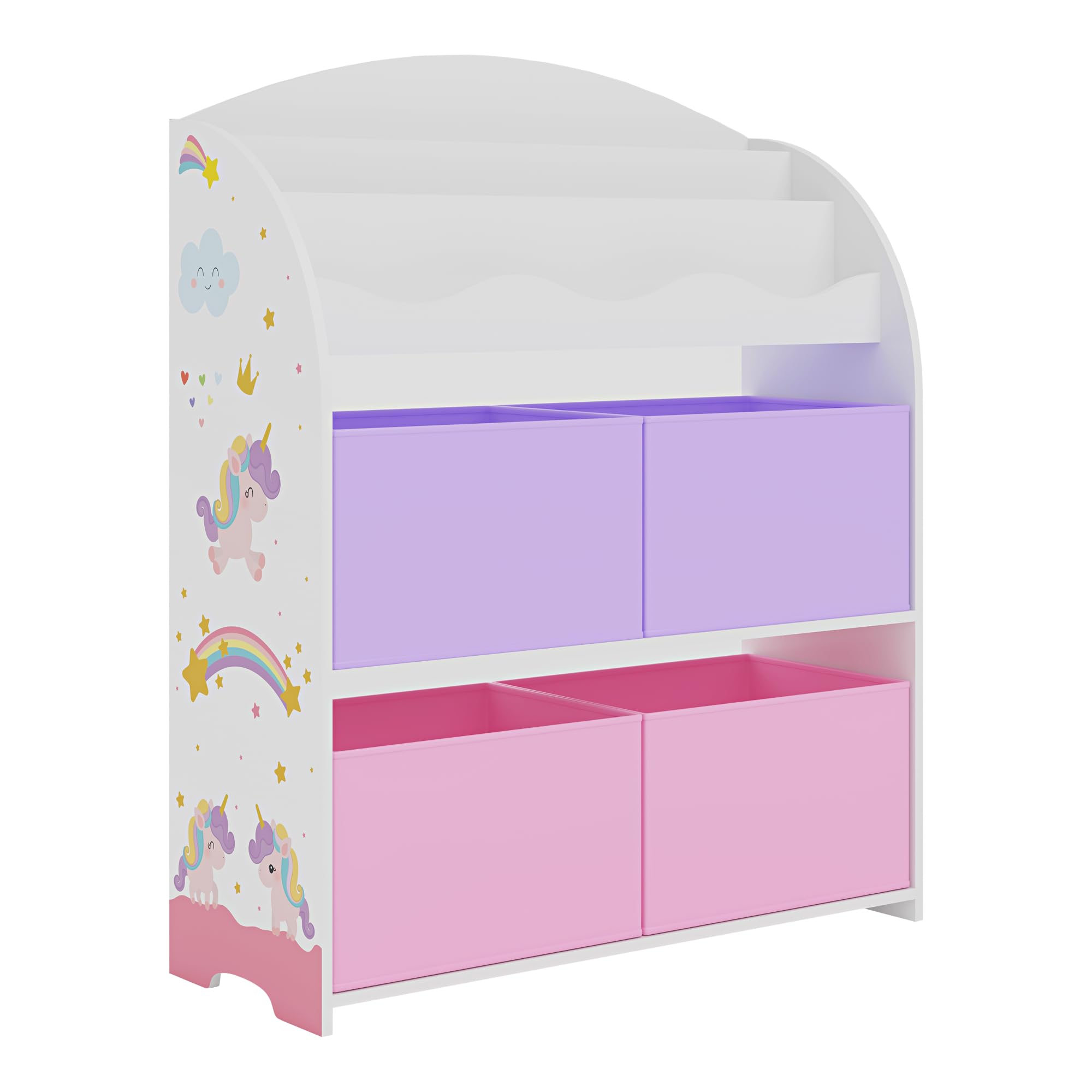 [en.casa] Scaffale per Cameretta con Contenitori a Scaletta Libreria 4 Scatole Pieghevoli Porta Giochi Mobile a Misura di Bimbi 97,5 x 82,5 x 29,5 cm Motivo Unicorno - Rosa/Viola