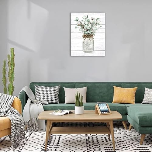 Mason Jar Flower Wall Art Flowers Wall Art Vintage Cotton And Eucalyptus Barn Canvas Wall Art Country Floral Poster Farmhouse Decor Wall Art Wood Texture Botanical Wall Decor 16X20Inch Frameless #TOP3