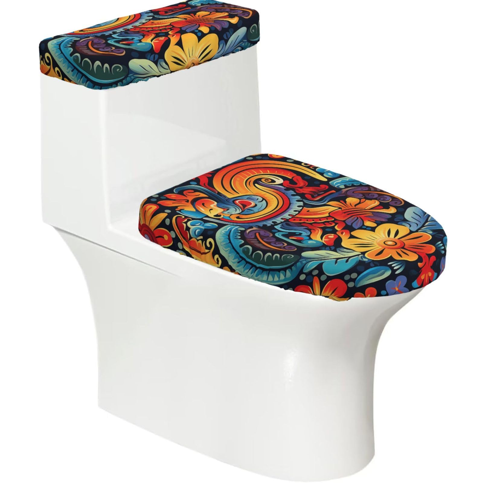 Fodpand Black Mexican Toilet Lid Cover And Toilet Tank Cover Set, Washable Soft Toilet Seat Cover With Elastic Bottom, Universal Stylish Toilet Cover Set For Bathroom Decor Accessories