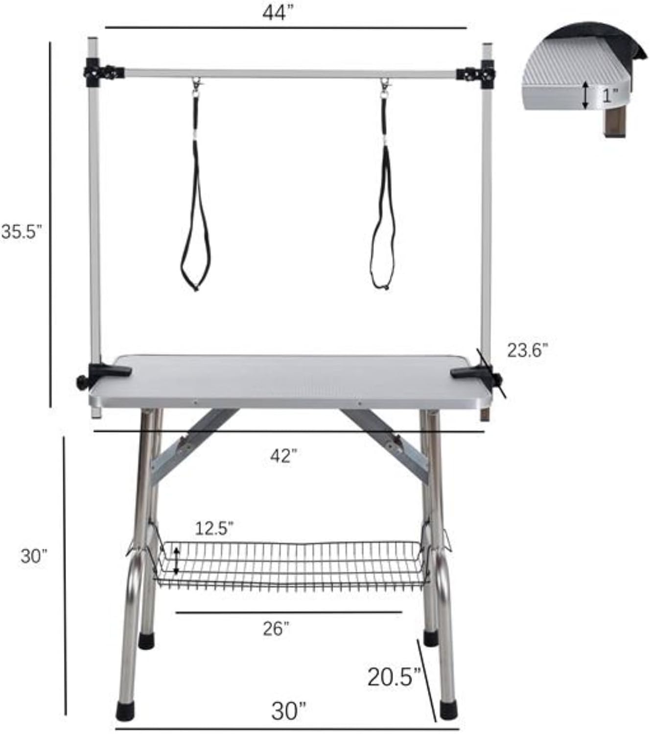 42-inch Pet Cat and Dog Grooming Table, Folding Pet Grooming Table, Pet Supplies, Stainless Steel Frame, Rubber Pads, Adjustable Arms and Clamps, Silver Gray