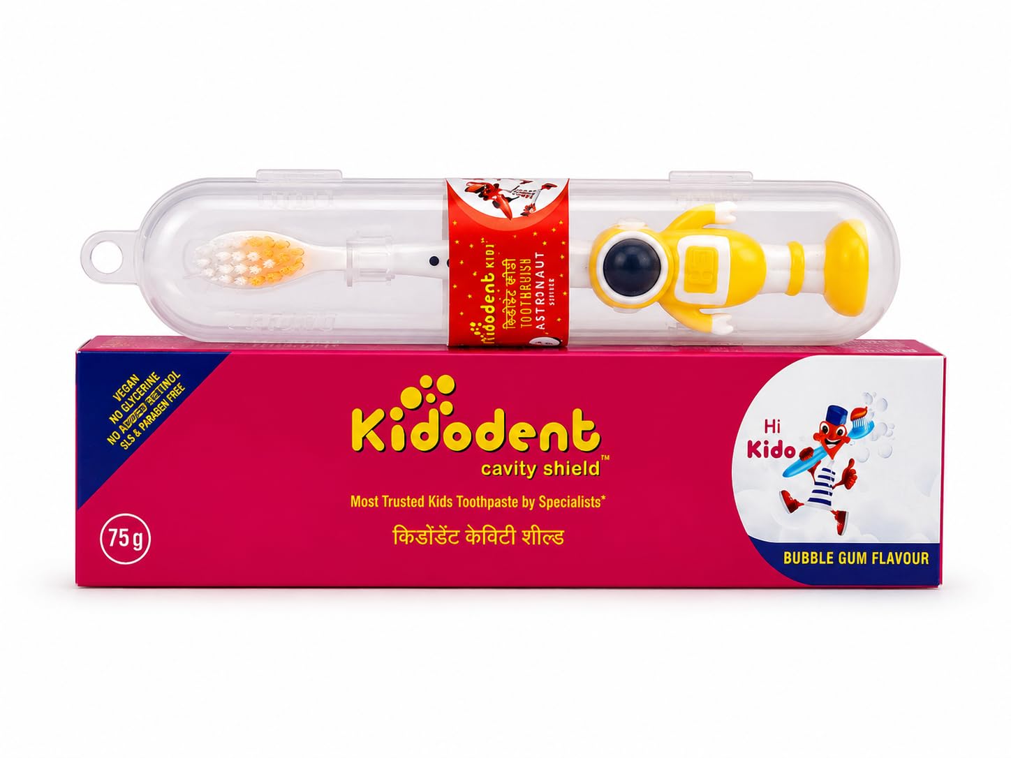 Kidodent Cavity Shield Kids Toothpaste (Bubble Gum, 75g) with Kidi Astronaut Toothbrush Combo | Fluoride, Vegan, SLS & Paraben Free, For Ages 3-image-39