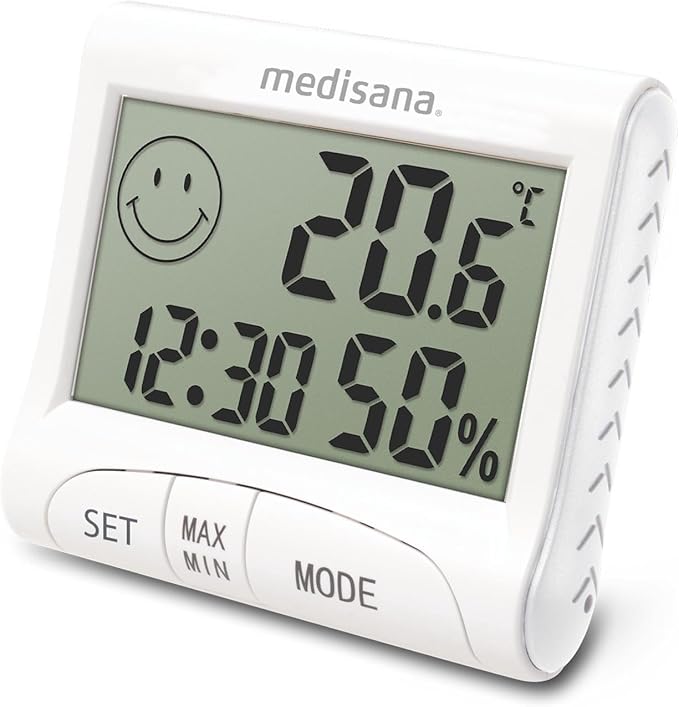 Medisana HG 100 Higrómetro digital, Termómetro ambiental, Medidor de humedad para habitaciones interiores, Indicación de la hora, Para un clima ambiental óptimo, Incluye función de memoria con descuento