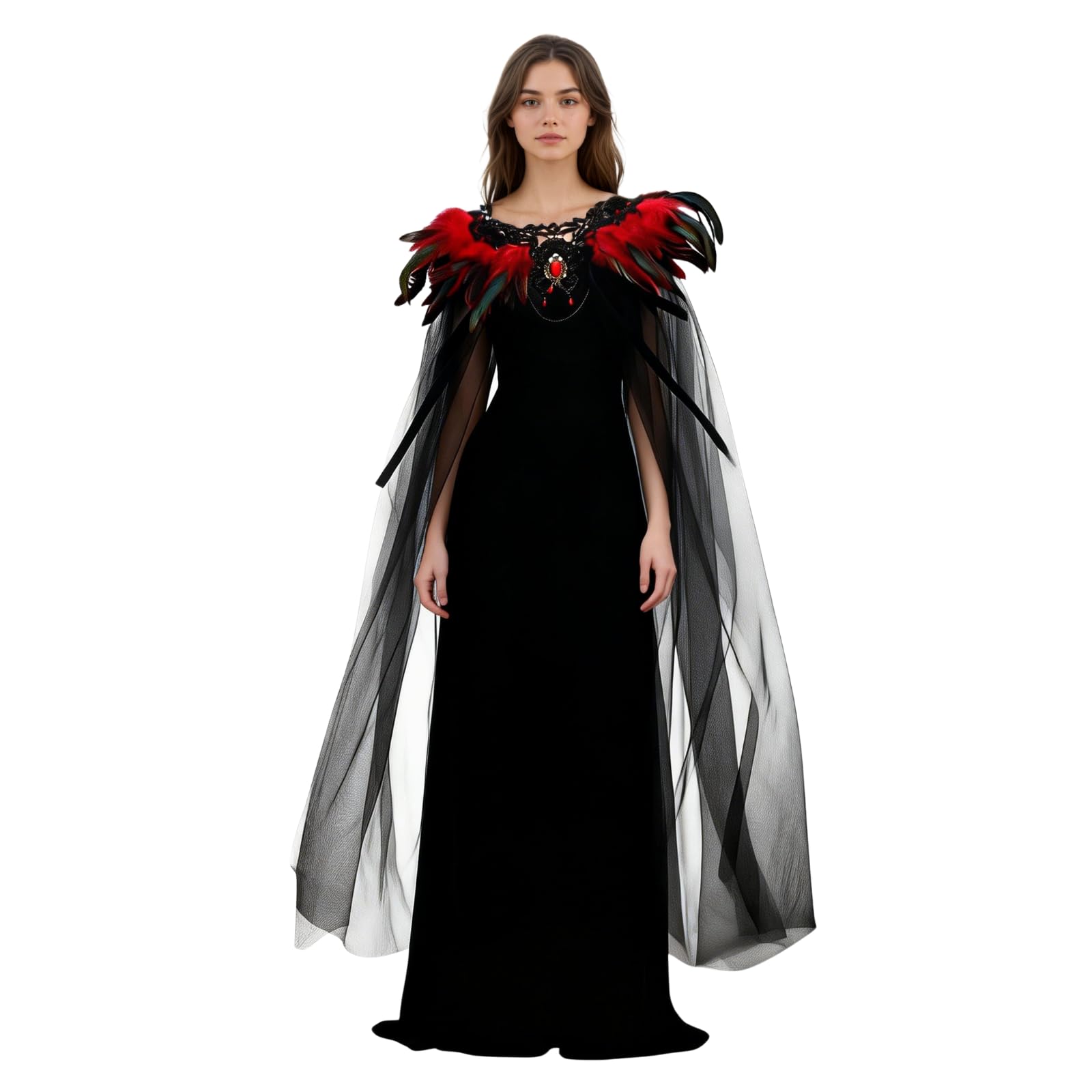 HAPNBCELE Women's Gothic Feather Cloak, Tulle Cape with Feather Collar for Halloween Party Masquerade Carnival Cosplay(Red, 50.3")