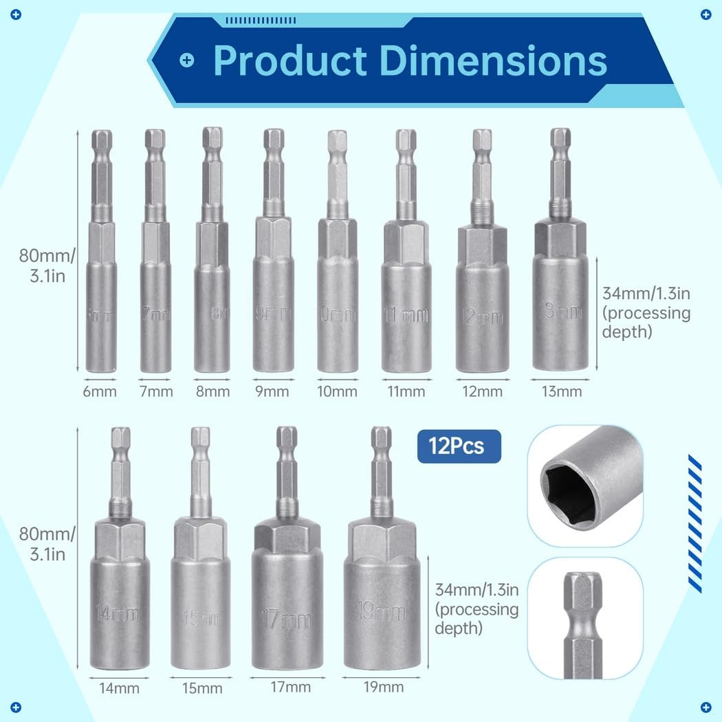 Quick-Change Metric Nut Drivers, Impact Screwdriver Bits, 1/4 Hex Shank Nut Driver Bits Set, 6-19Mm Socket Adapter Set, 12Pcs Driver Drill Bit Set, Nut Extractor Sockets