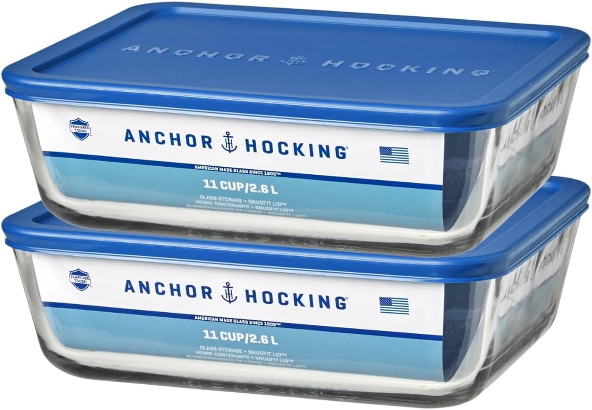Set of 2 Anchor Hocking 11-Cup Glass Food Storage Containers with Blueberry Lids