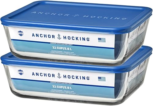 Anchor Hocking Contenedores de almacenamiento de vidrio para 11 tazas con tapas, juego de 2 recipientes de vidrio para almacenamiento de alimentos