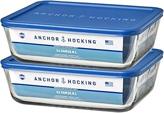 Anchor Hocking 11-Cup Glass Storage Containers with Lids, Set of 2 Glass Food Storage Containers with Blueberry SnugFit Lids