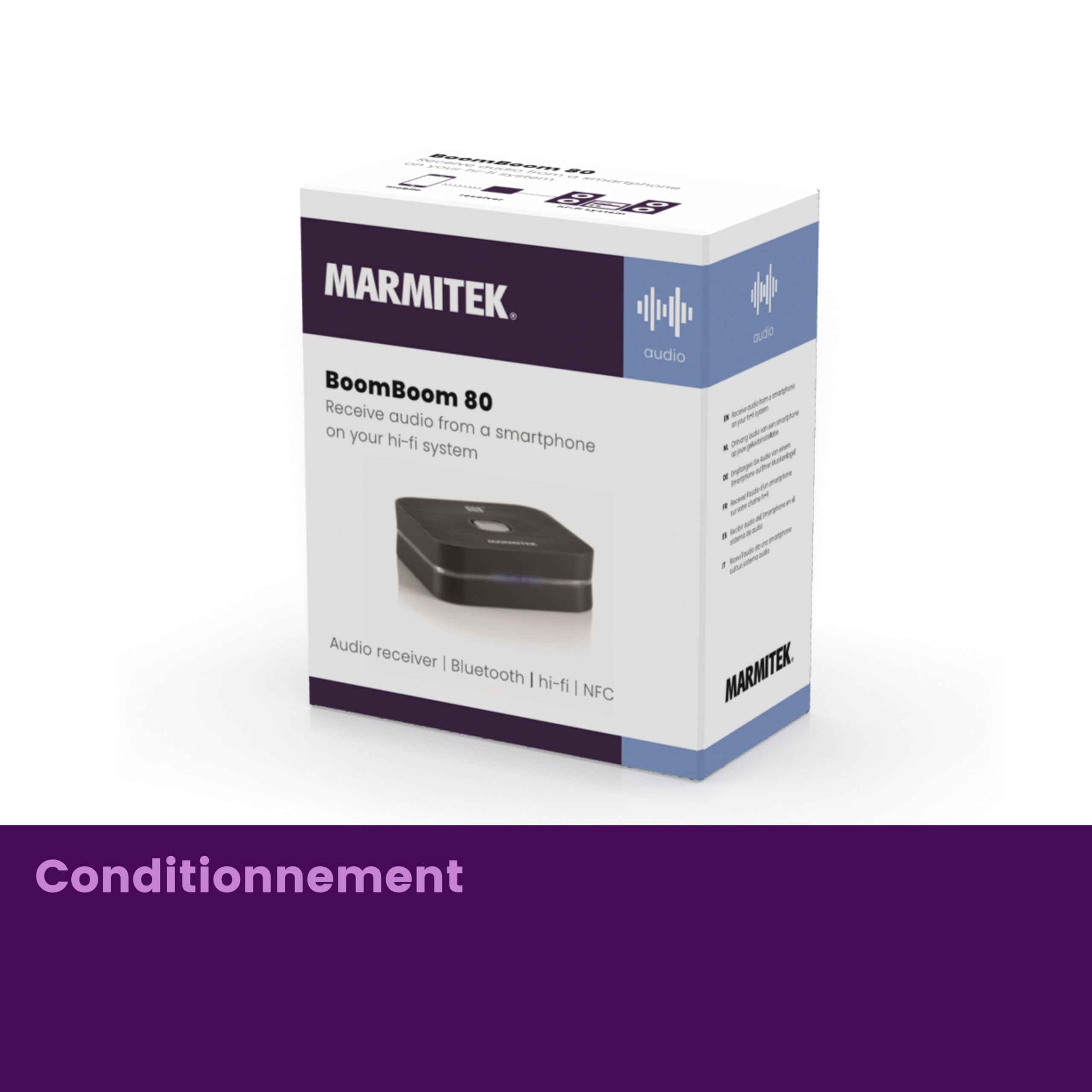 Marmitek BoomBoom 80 - Récepteur Audio Bluetooth stéréo NFC pour Hi-FI | Récepteur Bluetooth pour musique sans fil, sortie jack 3,5 mm, alimentation USB, A2DP, veille et bouton de déconnexion