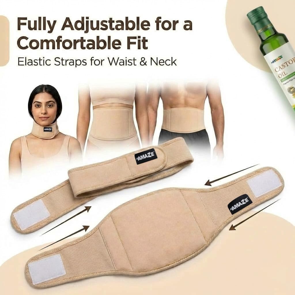 Reusable Castor Oil Pack Wrap – Adjustable, Leak-Resistant & Comfortable Waist Wrap for Self-Care Routines – Include 20 ml Pure Organic Castor Oil, Washable, Breathable Design