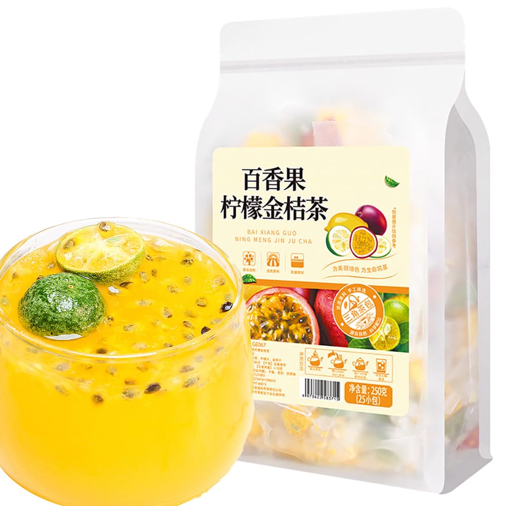 Plant Gift 25 Cups Passion fruit lemon Kumquat Tea Bag (百香果柠檬金桔茶 BAI XIANG GUO NING MENG JIN JU CHA) 8.81oz (10g*25bags/250g) Natural Mixed Herbal Combination of Floral Tea