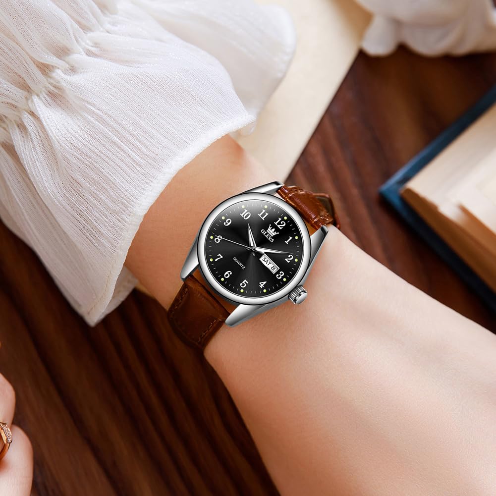OLEVS Damen-Armbanduhr, Quarz, Lederband, Tag und Datum