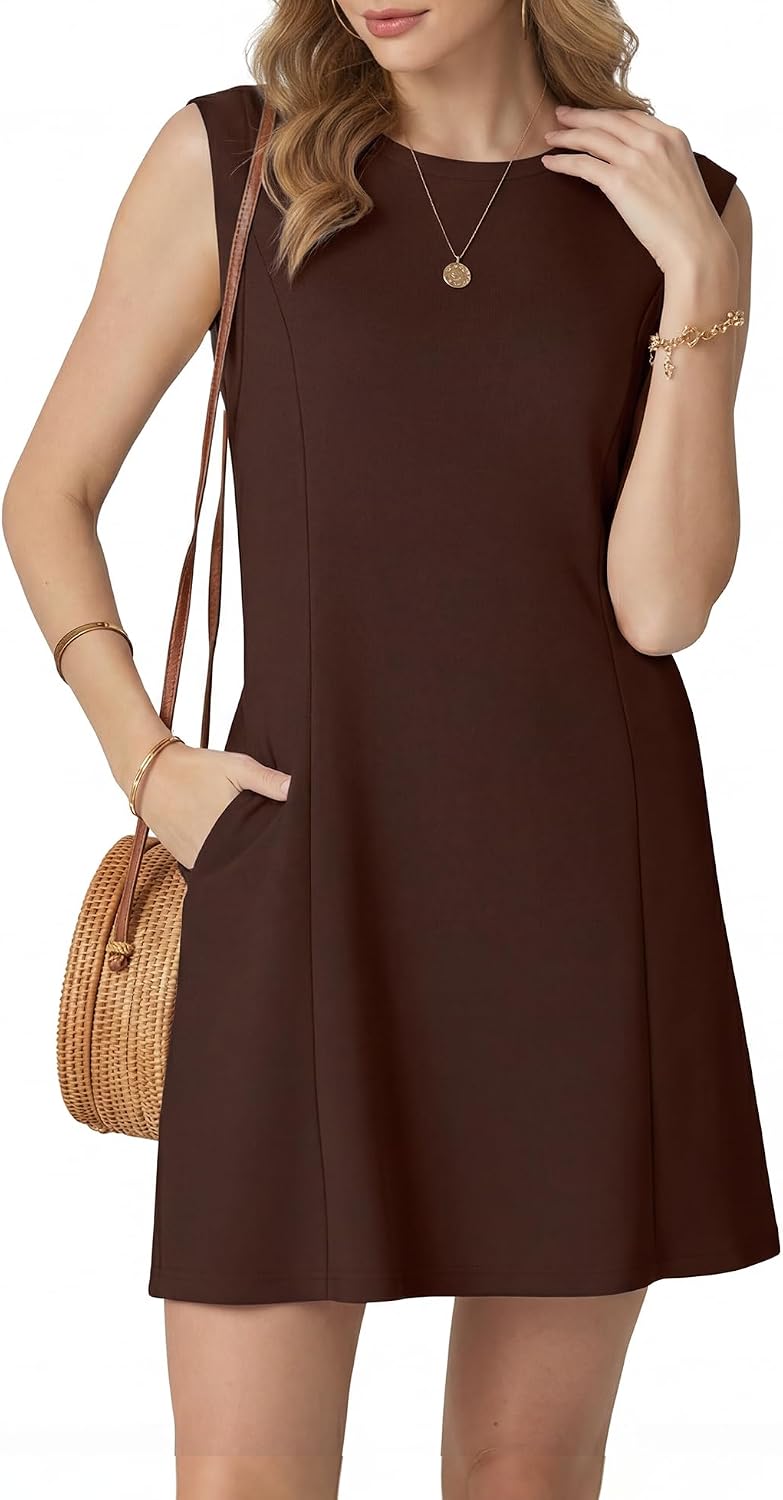 HiMONE Womens Basic Mini Dress Sleeveless Crew Neck A Line Comfortable Everyday Style(Dark Coffee-L)