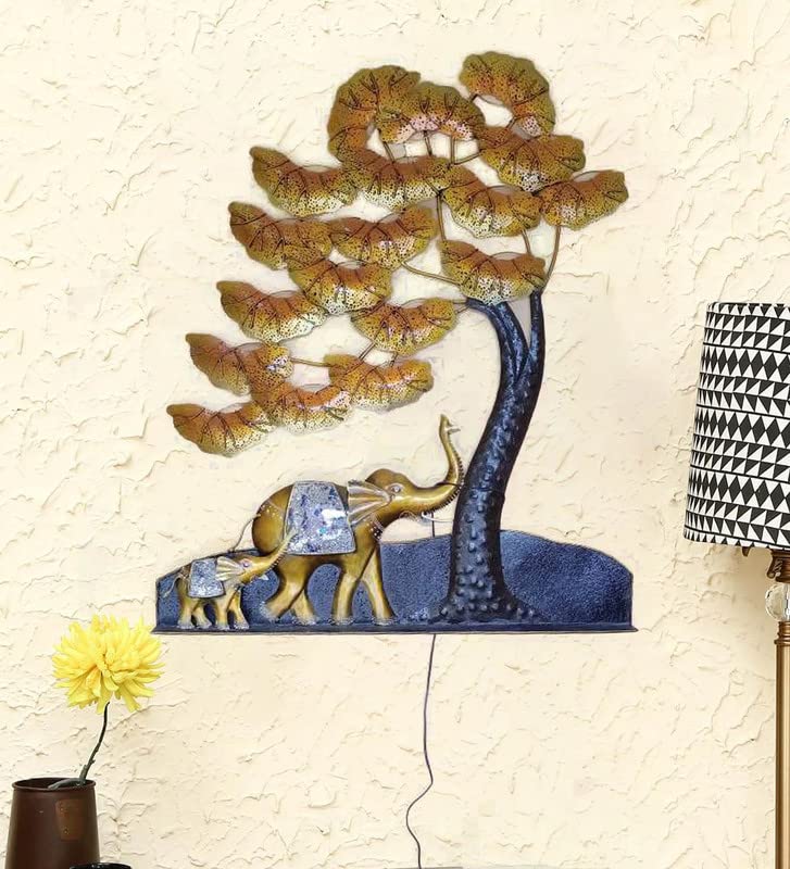 Image of AntarYuga Metal Iron 2 Elephant Tree Decorative Wall Art /Sculpture for Home Living Room /Bedroom /Office (39X2X31 Inches)