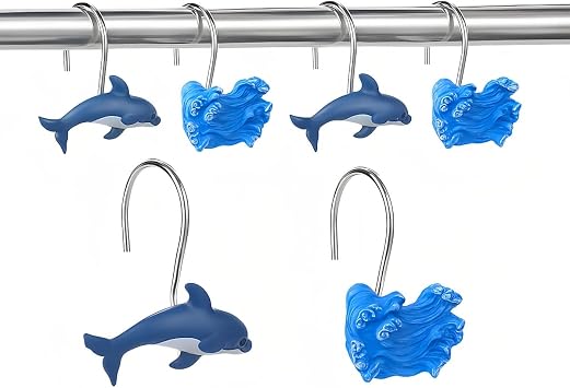 12 Pcs Ocean Themed Dolphin Shower Curtain Hooks, Rustproof Metal Rings for Bathroom, Cute Dolphin Bathroom Decor Set for Baby Room & Living Room Ocean