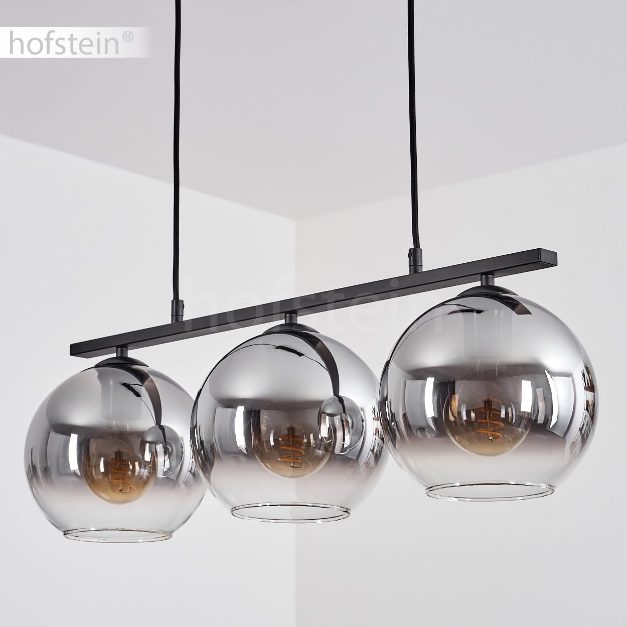 Pendelleuchte Koyoto, Hängelampe aus Metall/Glas in Schwarz/Rauchfarben/Klar, Hängeleuchte im Retro/Vintage-Design mit Glasschirmen (Ø 20 cm), 3-flammig, Höhe max. 116,5 cm, 3 x E27, ohne Leuchtmittel