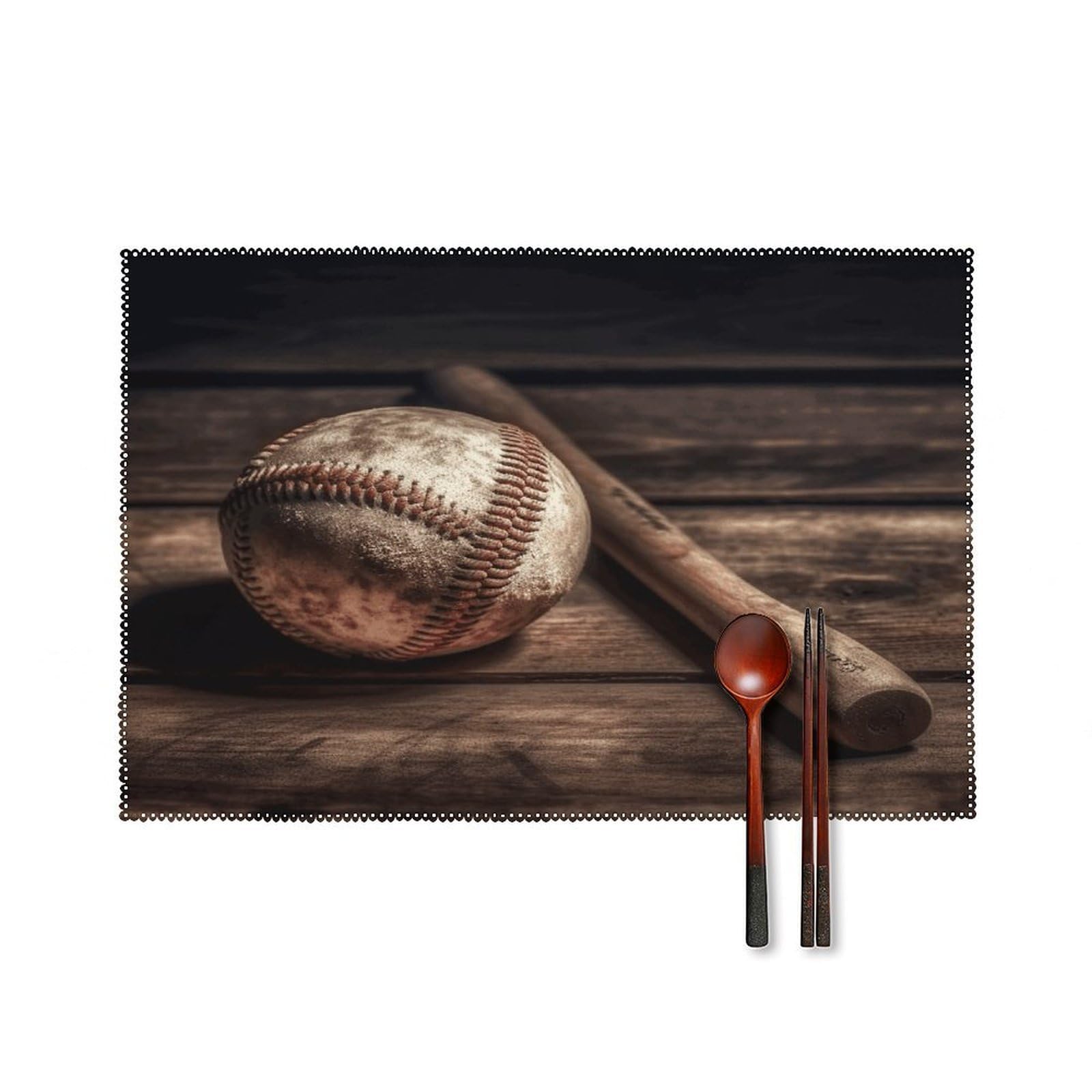 Baseball on Wooden Placemats Set of 4 Canvas Washable Cloth Place Mats Wipeable Heat Resistant Table Mats Elegant Cloth Placemat for Kitchen Dinning Party Table Decor 12" X 18"
