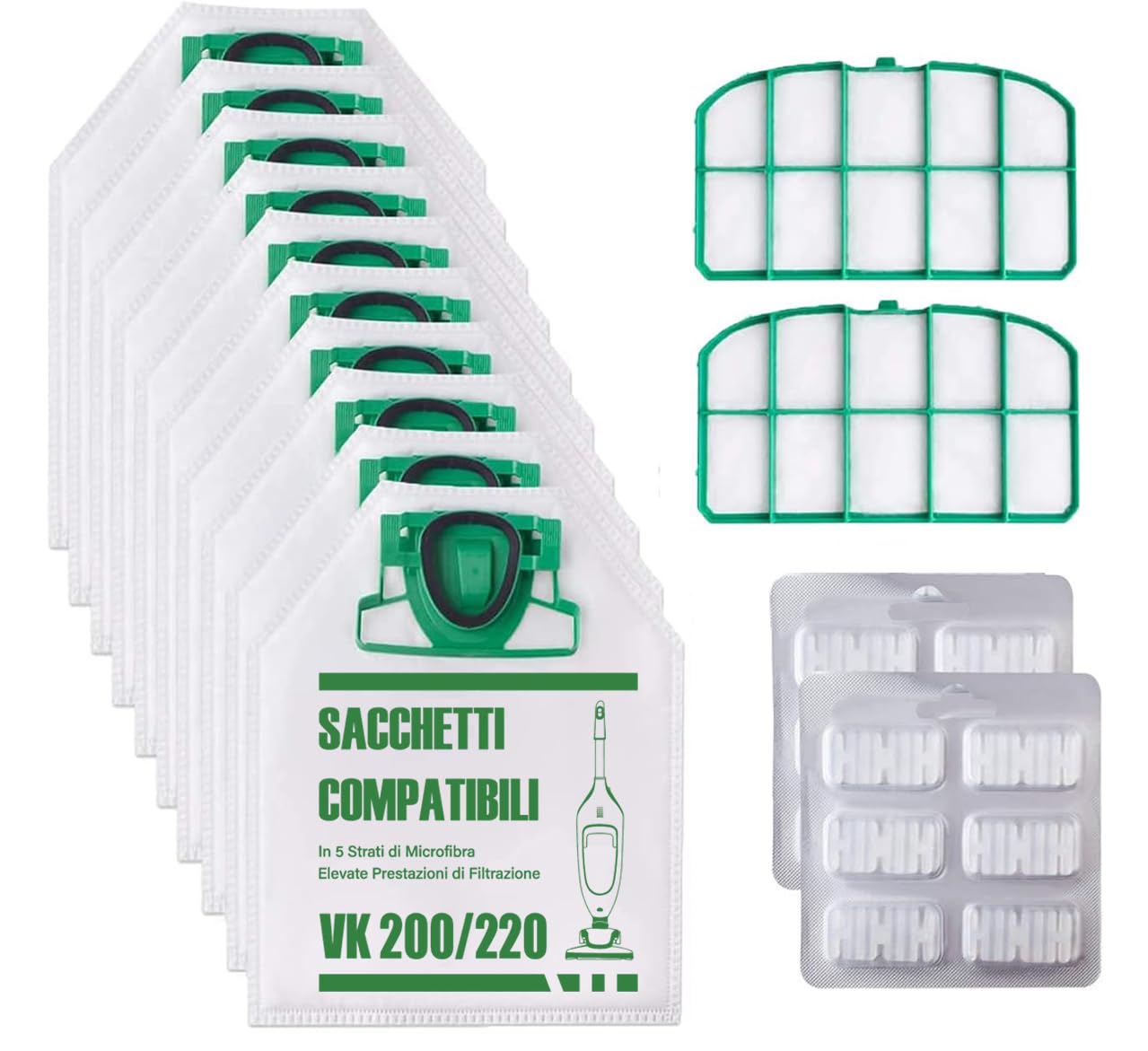 12 Sacchetti per Folletto VK200 VK220 VK220S con Filtri (12pz sacchetti)