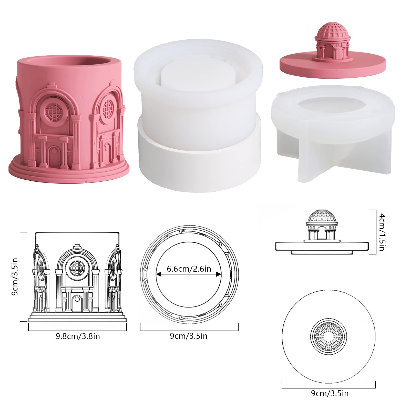 Architectural Candle Jar Silicone Mold with Lids Concrete Pantheon Candle Container Making Mould DIY Storage Box Home Decors (SH0864-1+SH0864-2)