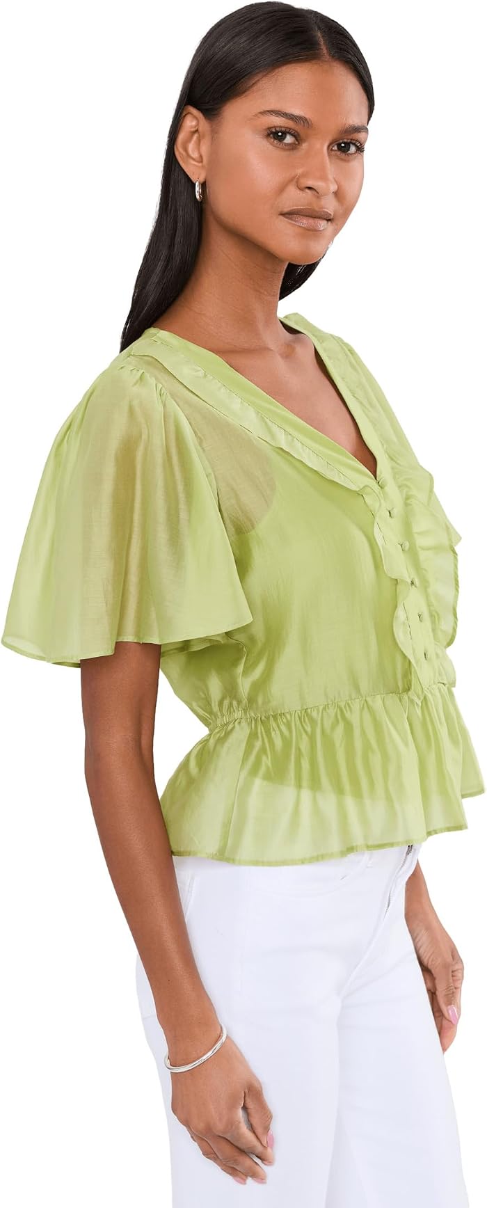 Женский топ Vince Camuto V-Neck Double Ruffle Button-Down w/ Peplum and Flutter Sleeve, цвет: Зелёный — фото 3