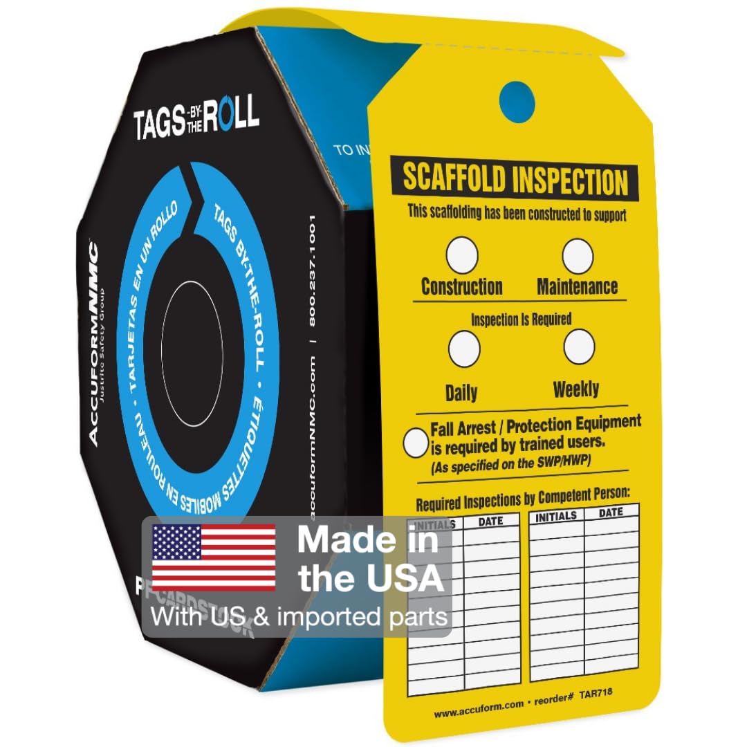 Accuform TAR718 Tags By-The-Roll Inspection and Status Tags, Legend"SCAFFOLD INSPECTION", 6.25" Length x 3" Width x 0.010" Thickness, PF-Cardstock, Black on Yellow (Pack of 100)
