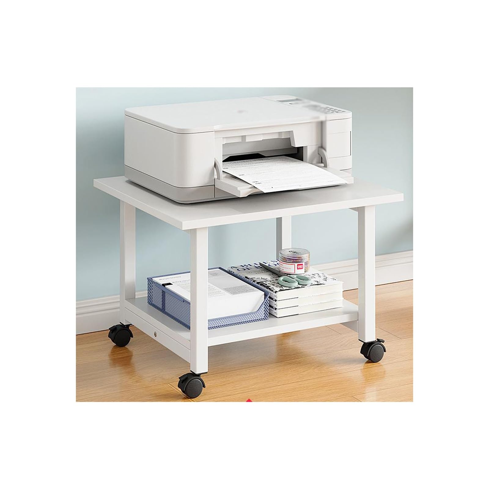 IEOWY Printer stand,2-Tier Printer Stand with Wheels - Mobile Storage Cart & Rack for Printers, Fax Machines, and Office Supplies - White Printer Shelf for Easy Organization and Mobility