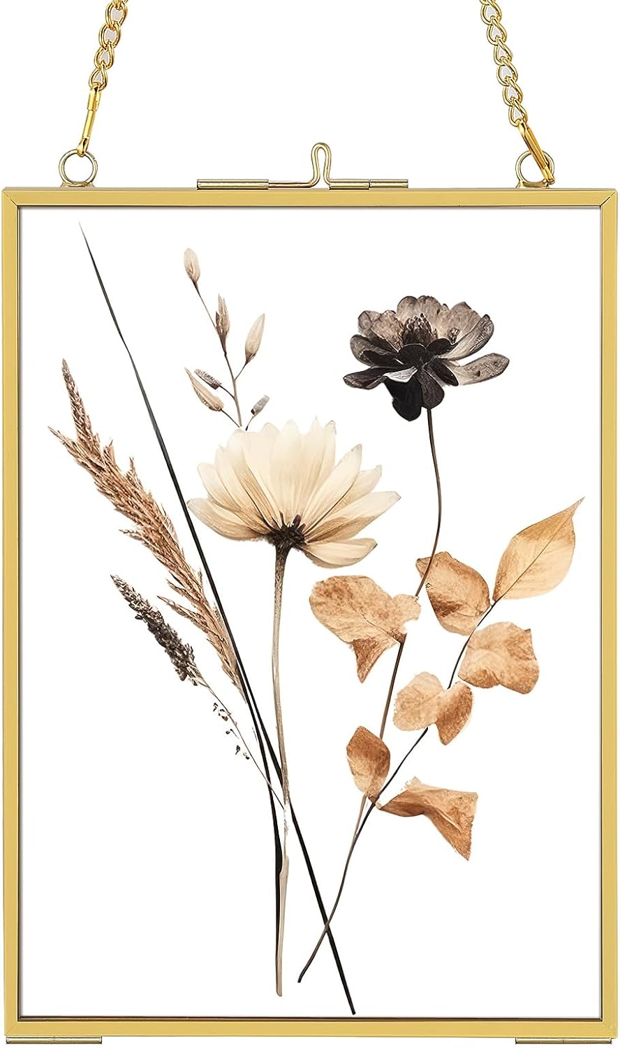 8x10 Pressed Flowers Gold Frame, Hanging Floating Double Glass With Chain for Dried Flower, 8 by 10 Brass Picture Horizontal, Large Clear Photo for Wall Mount, Rectangle