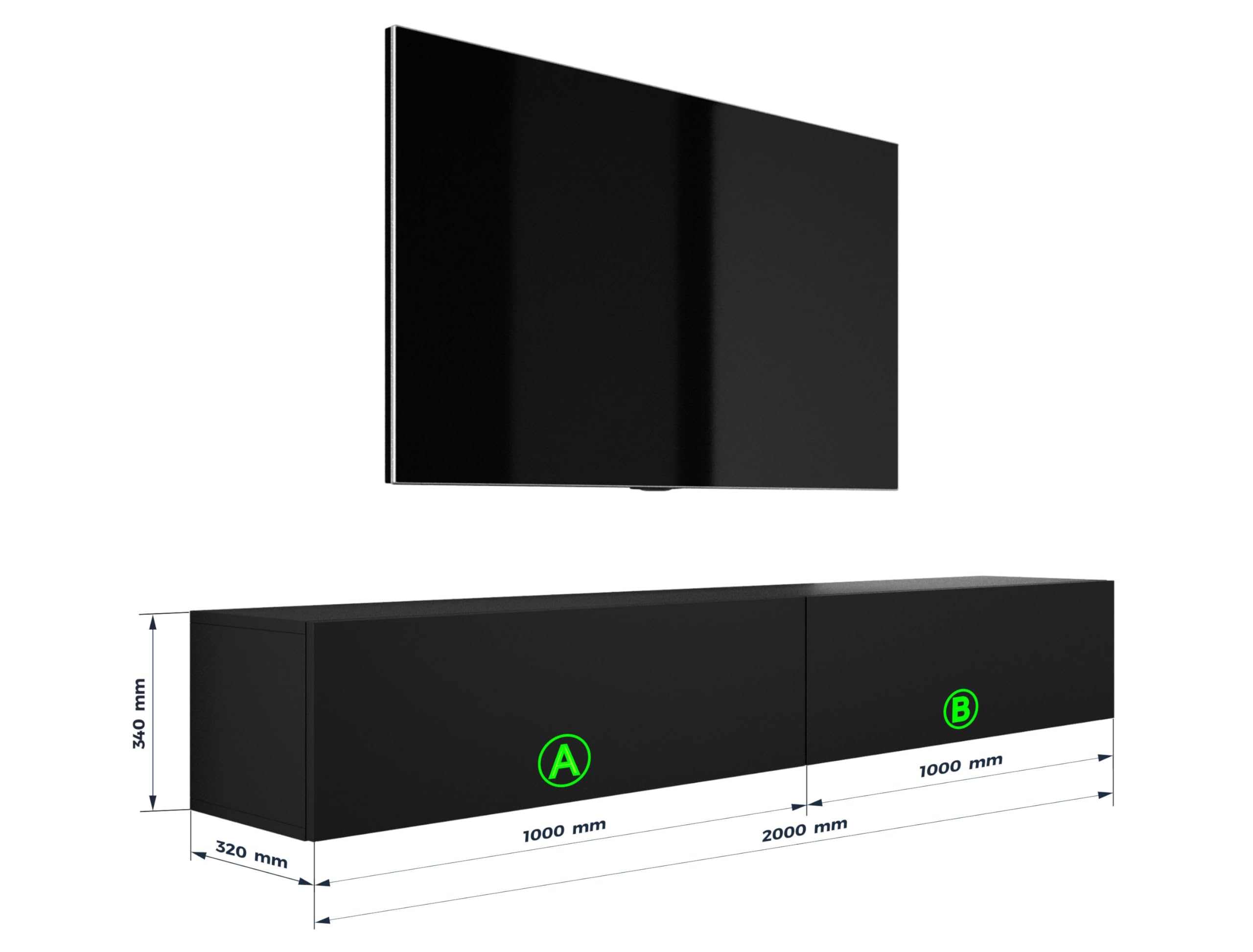 3E 3xE living.com Hängendes TV- Schrank - Modernes Design A: B: 2 x 100 cm, H: 34 cm, T: 32 cm, Schwarz Matt