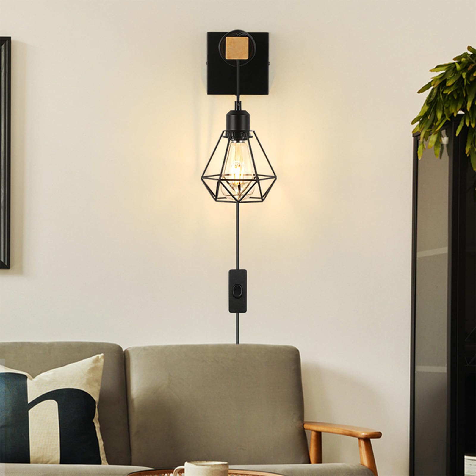 Aplique de pared E27 negro con enchufe interruptor para salones 8