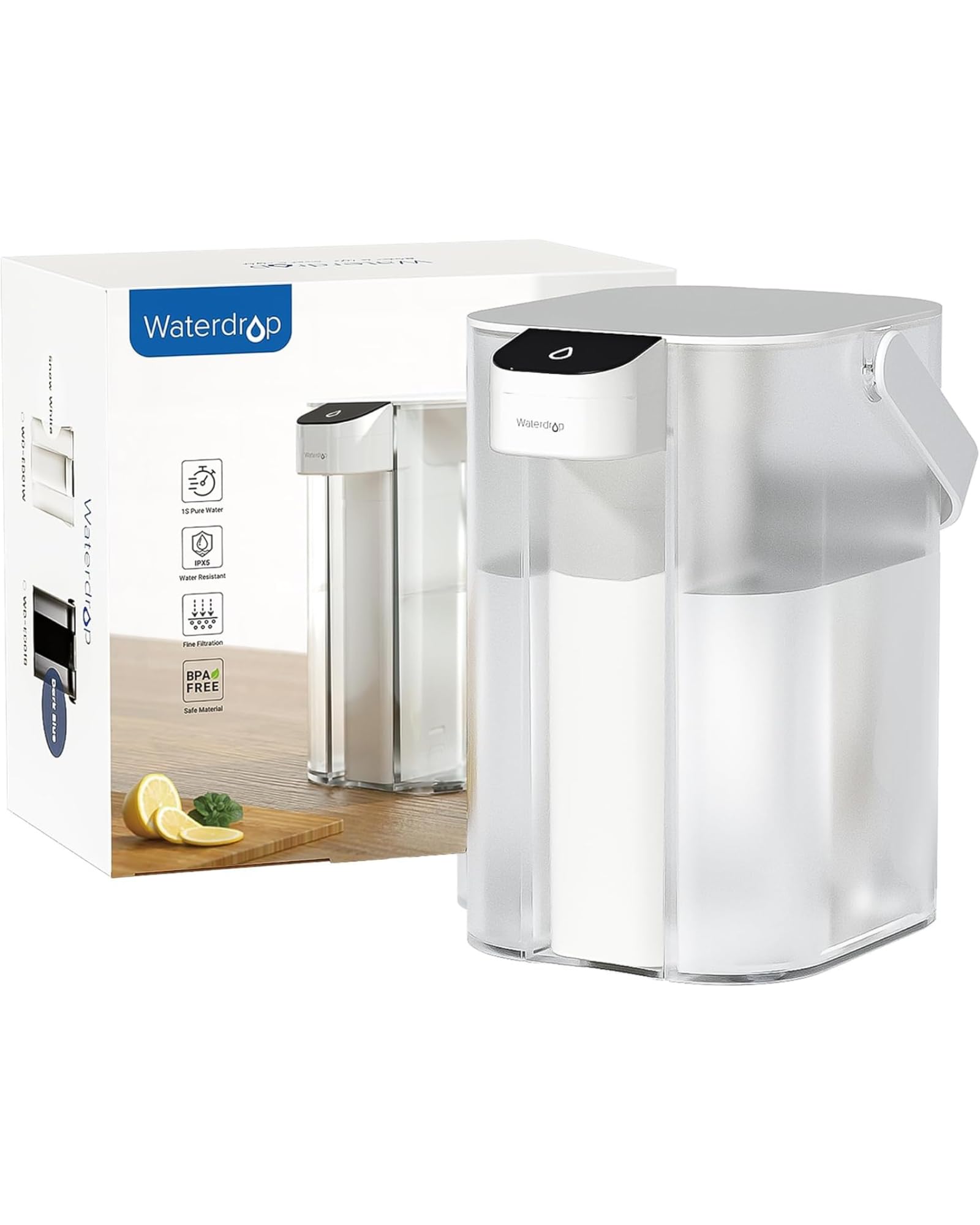 Waterdrop Electric Water Filter Pitcher, Reduce 99.6% of Lead and 45+ Impurities, 200-Gallon Rechargeable Water Dispenser, Instant 15-Cup Countertop