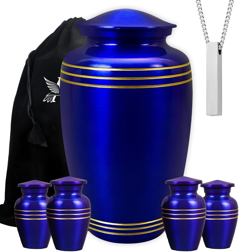Set of 6 Royal Blue Decorative Funeral Urns for Ashes Adult Male & Female Includes 1 Large Urn with 4 Small Keepsakes & 1 Memorial Necklace