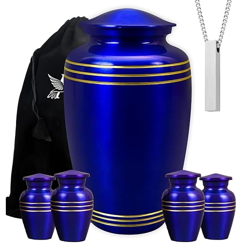 Set of 6 Royal Blue Decorative Funeral Urns for Ashes Adult Male & Female Includes 1 Large Urn with 4 Small Keepsakes & 1 Necklace for Ashes