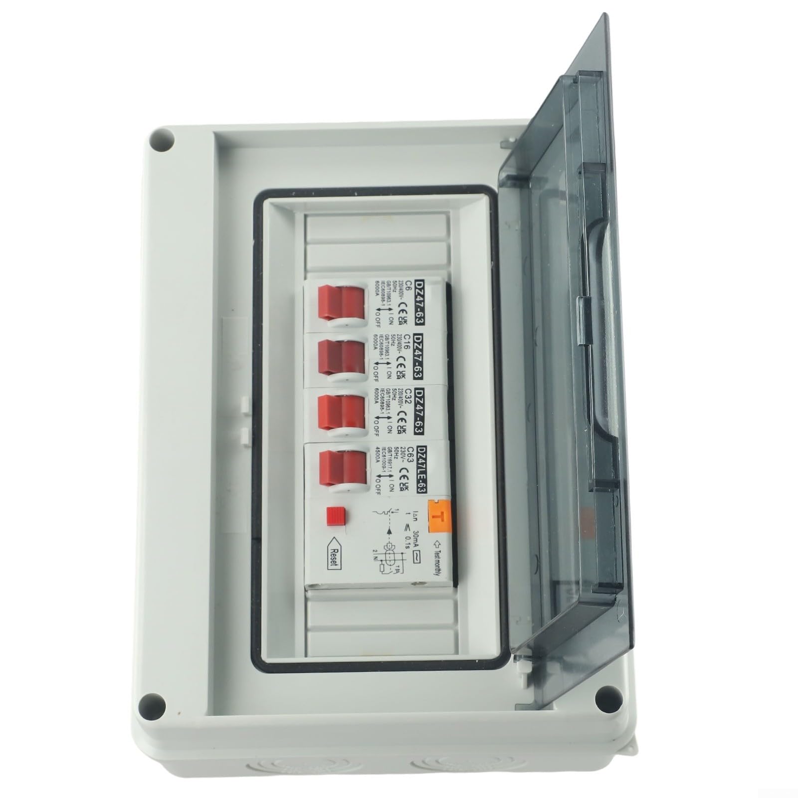 Contador de consumo de 3 vías IP65 con para rcd y 3 x MCB para garaje | Plástico ignífugo, 63 A, 230 V, protección contra cortocircuitos, para garaje, caravana, taller