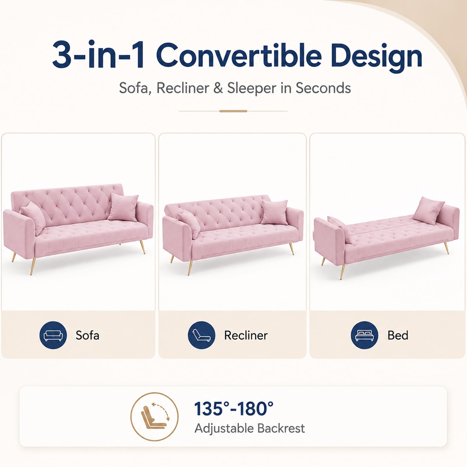 Majnesvon 71" Pink Futon Sofa Bed Couch: Velvet Fabric Memory Foam 2 Pillows Gold Metal Feet Adjustable Tufted Backrest, Convertible Folding Sleeper Loveseat for Living Room Bedroom Apartment (Pink)