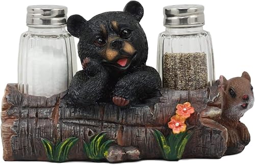 Ebros - Oso de bebé negro sentado en tronco con ardilla, salero y pimentero, estatua de 6.75 pulgadas de largo, cabaña larga, oso caprichoso, centro