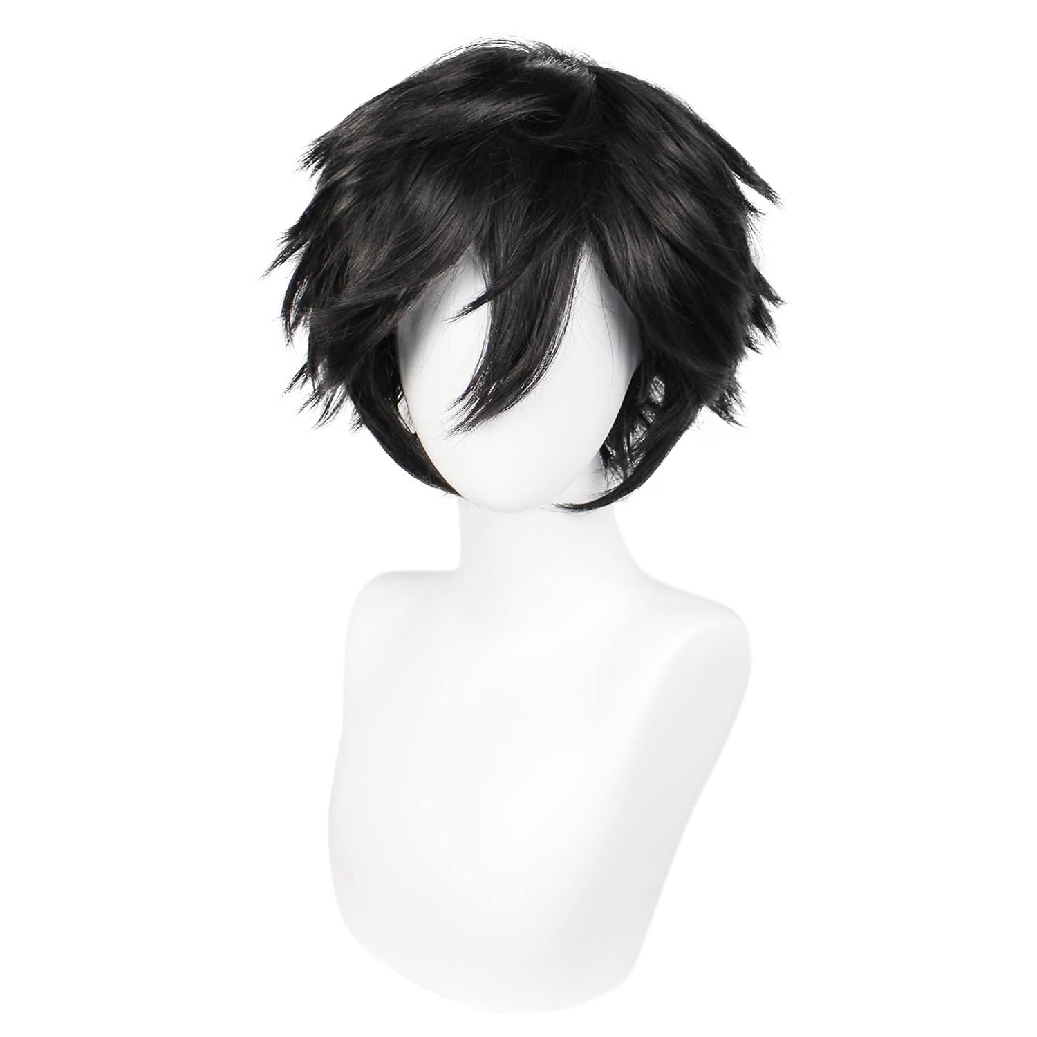 ANOGOL Hair Cap+ Short Black Wig for Men Short Black Men's Wigs for Cosplay Black Anime Cosplay Wig Layered Black Party Wigs with Bangs for Halloween Costume Christmas Peluca Negra Synthetic Hair - Image 2