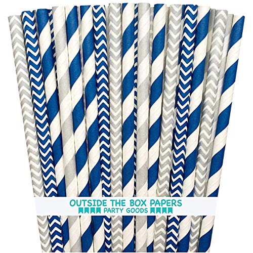 Outside the Box Papers Navy Blue and Silver Chevron and Striped Paper Straws 7.75 Inches 100 Pack Navy Blue, Silver
